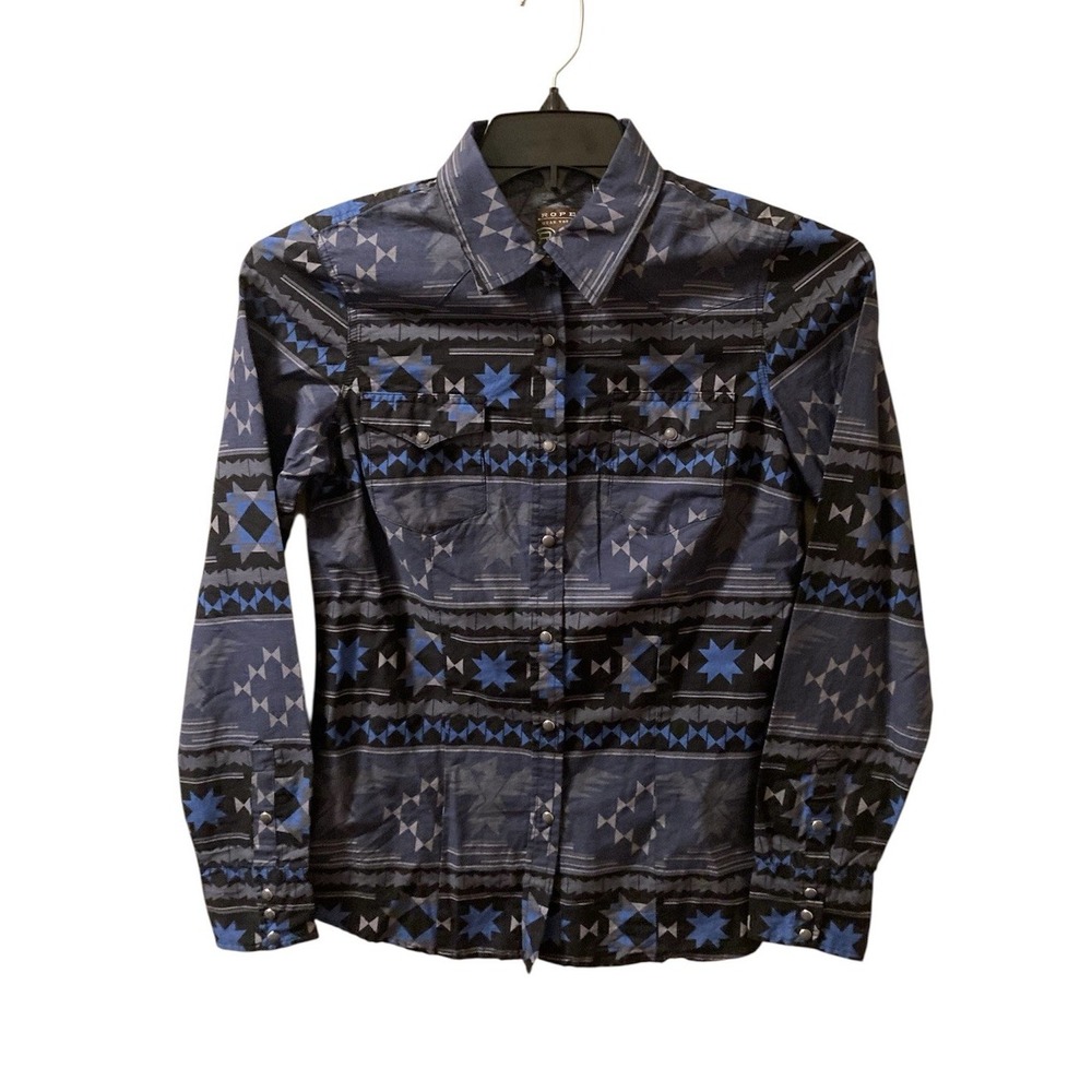 Roper Western Shirt Womens XS Black Gray Blue Snap Front Pockets NWT Rodeo
